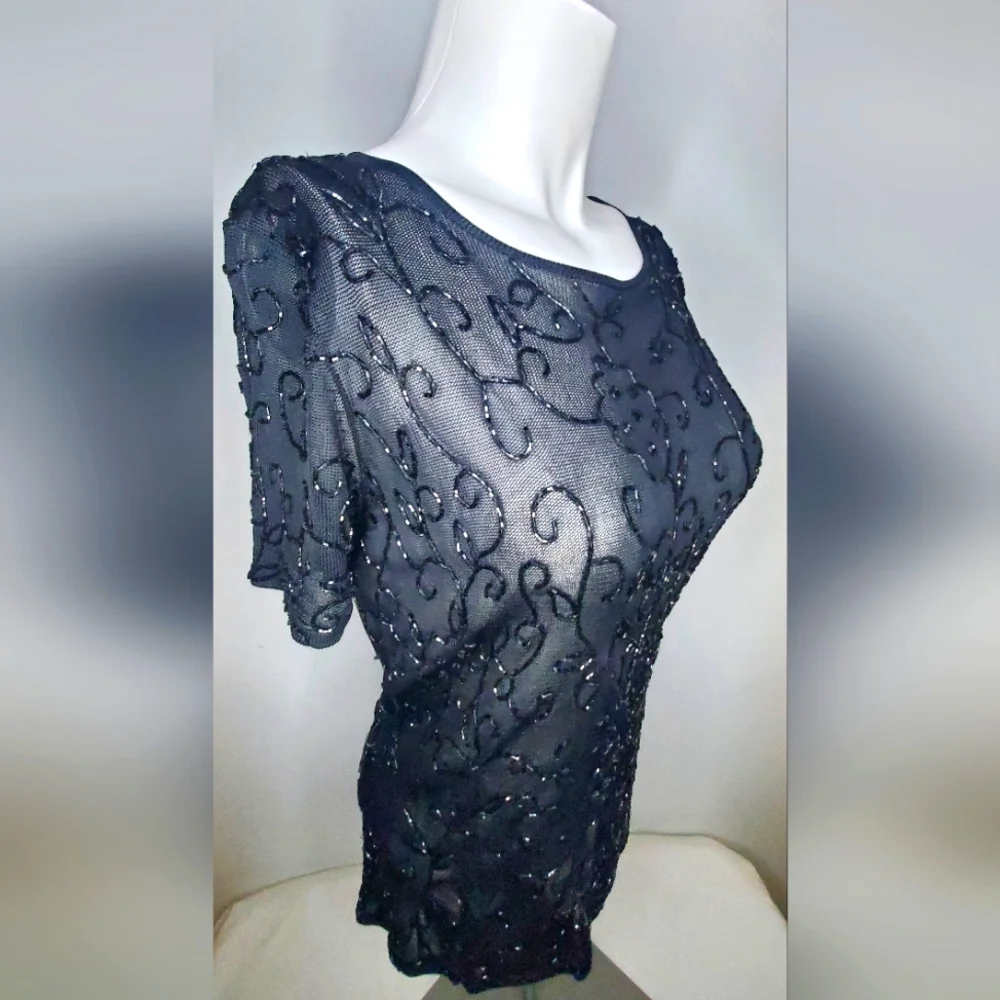 Oscar de la Renta Black Embellished Short Sleeve Top - Knit  Beaded - Picture 2 of 10